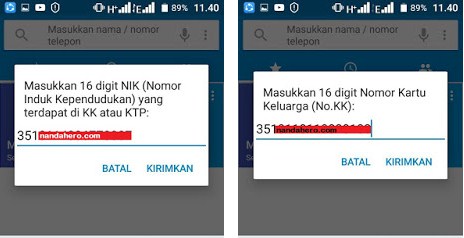 registrasi kartu 3 dial menu input NIK dan KK